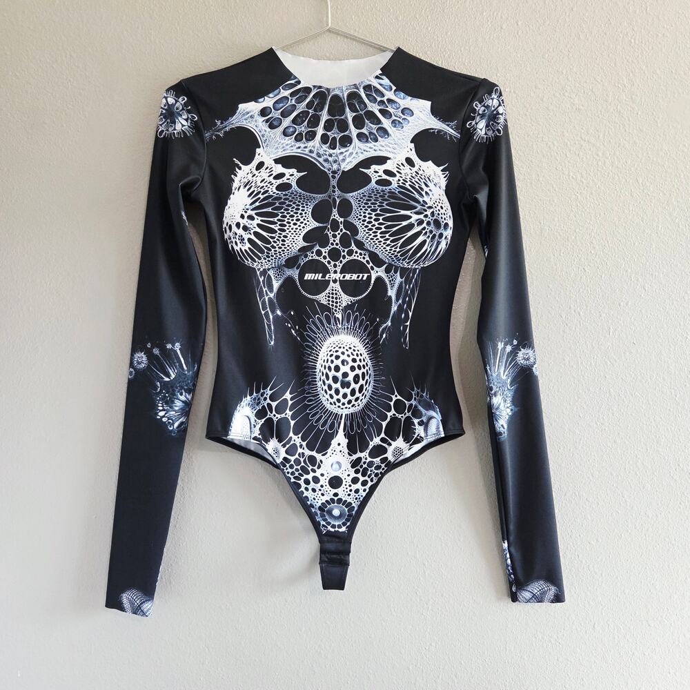 Milerobot Bodysuit RADIOLARIA, Solid Long Sleeve Black White Endoskeleton, Small